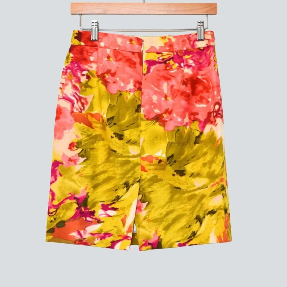 J.CREW Impressionist Floral Pencil Skirt Pink Yellow Watercolor Size 00